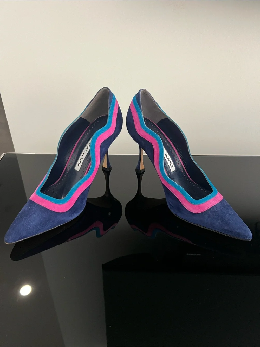 Manolo Blahnik Navy Suede Pumps with Pink & Teal Trim - Picture 1 of 5